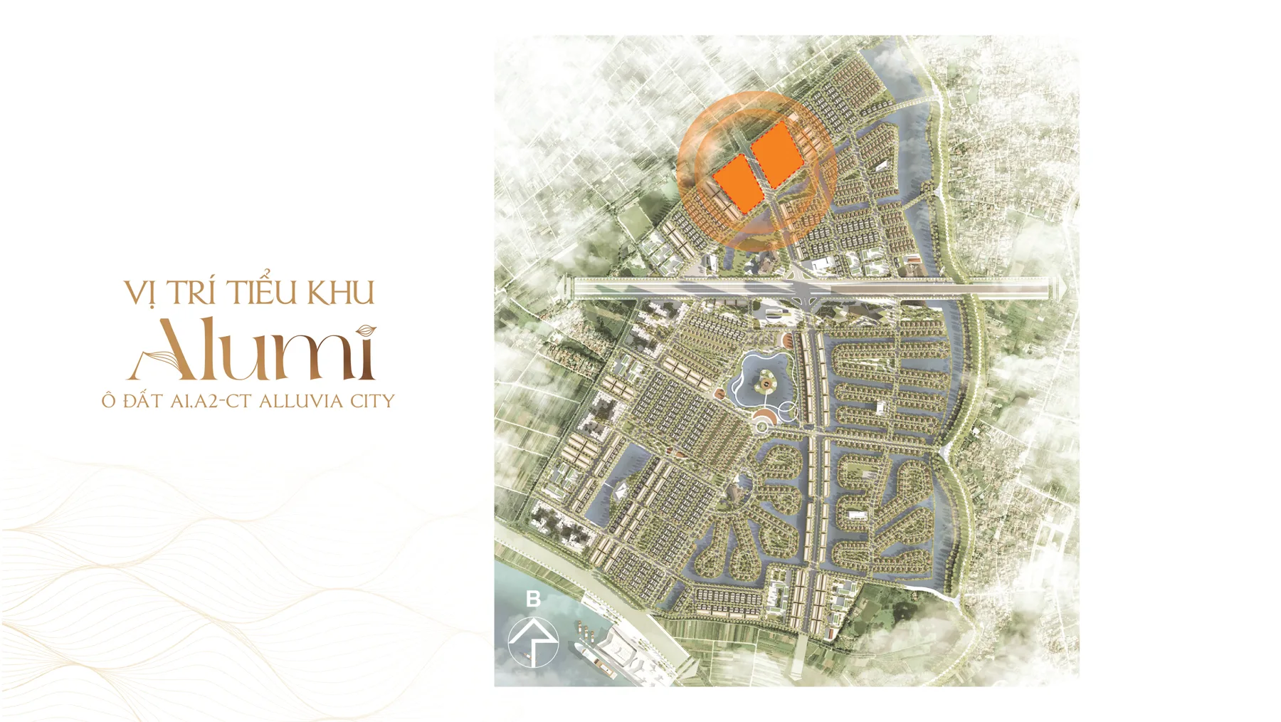 Vị trí tiểu khu Alumi, ô đất AL.A2-CT, khoanh cam trên tổng mặt bằng khu đô thị Alluvia City