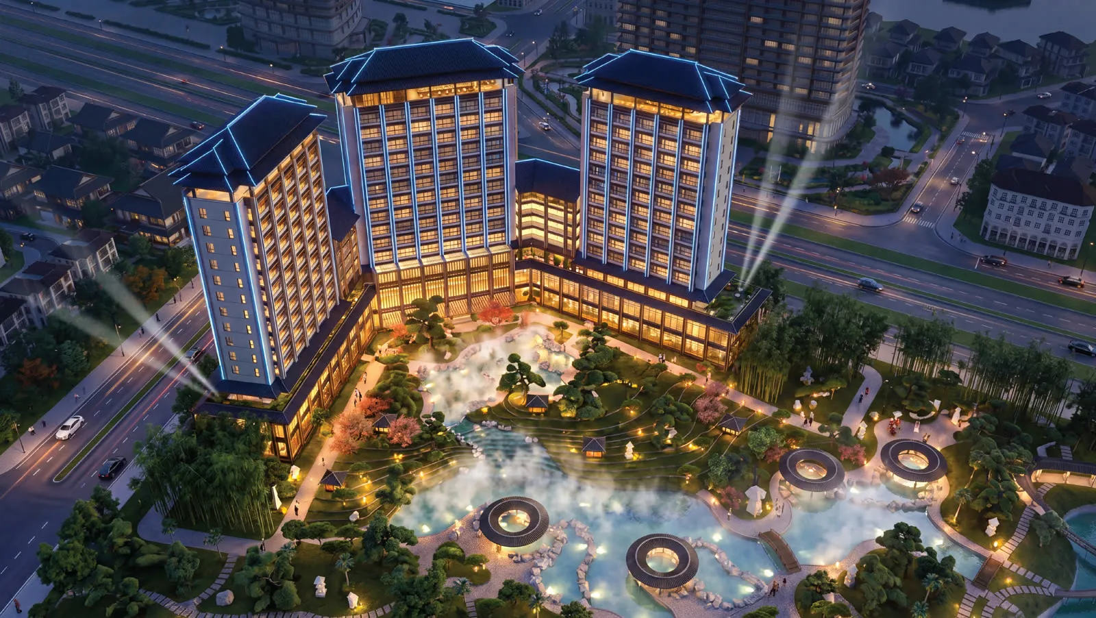Tổ hợp khoáng nóng Alluvia Onsen về đêm