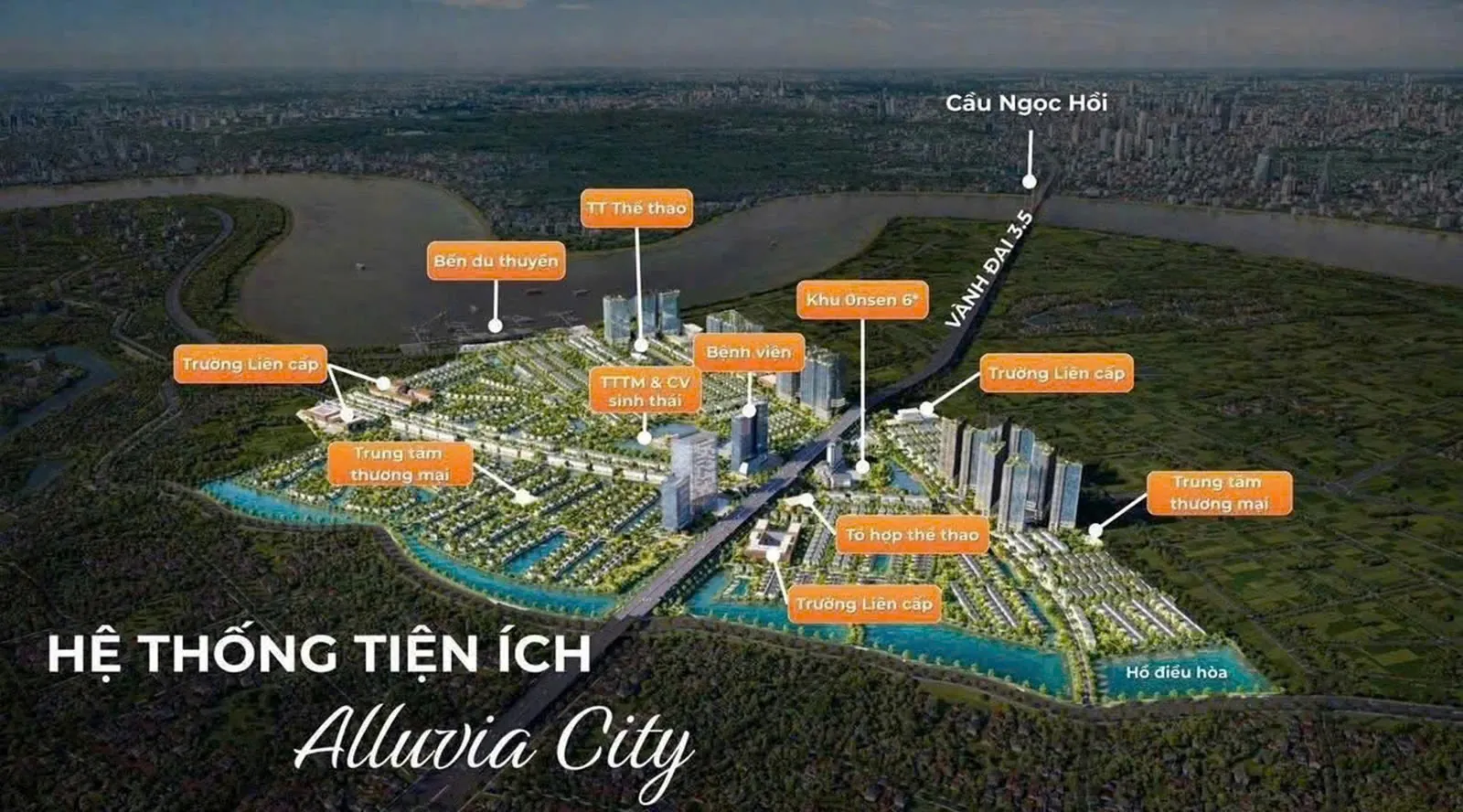 Sơ đồ hệ thống tiện ích Alluvia City với bến du thuyền, khu Onsen, trường liên cấp, bệnh viện và trung tâm thương mại