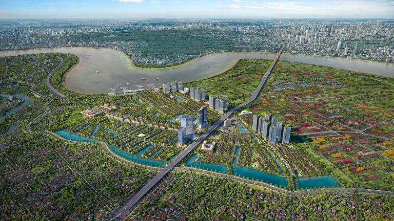 Phối cảnh toàn khu Alluvia City bên sông Hồng của chủ đầu tư, thấy rõ khu vực bến du thuyền Alluvia City sát mặt nước và trung tâm Hà Nội ở phía xa