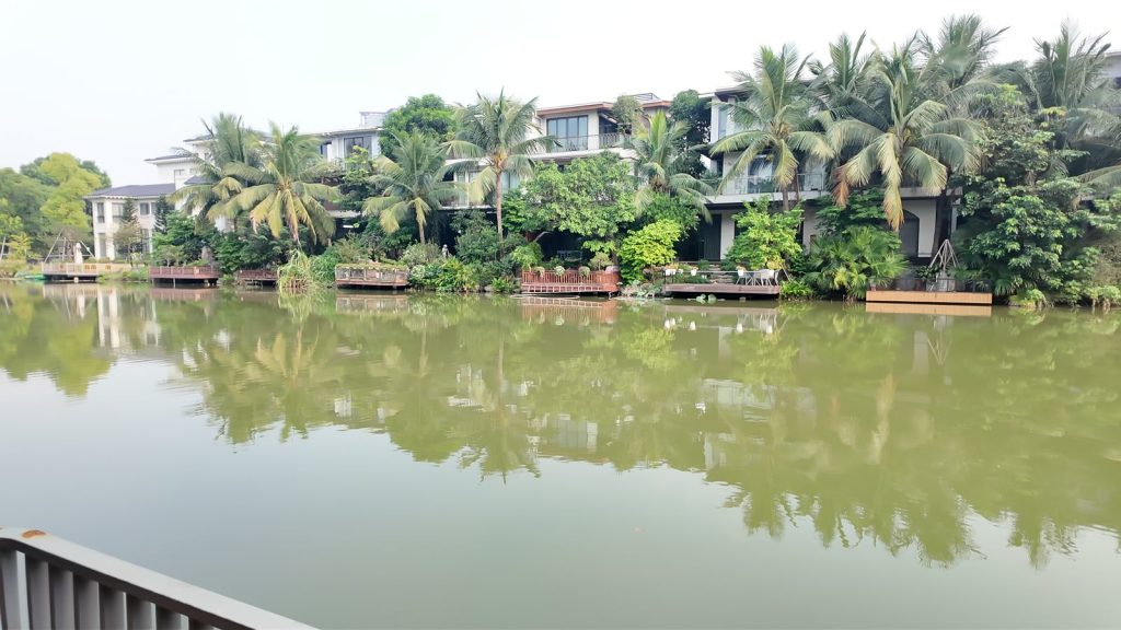 Dãy biệt thự đảo Ecopark nhìn từ bên kia mặt nước, hiên và sàn gỗ sát mép nước dưới hàng dừa