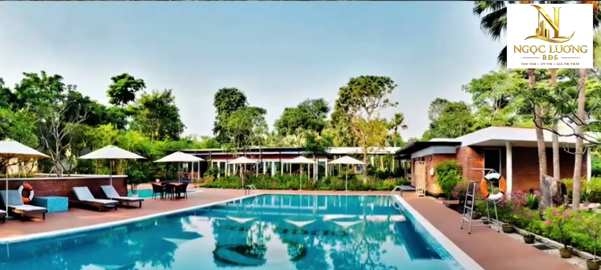 Bể bơi ngoài trời trong khu tiện ích nội khu Ecopark, có ghế nằm, dù che và hàng cây xanh bao quanh
