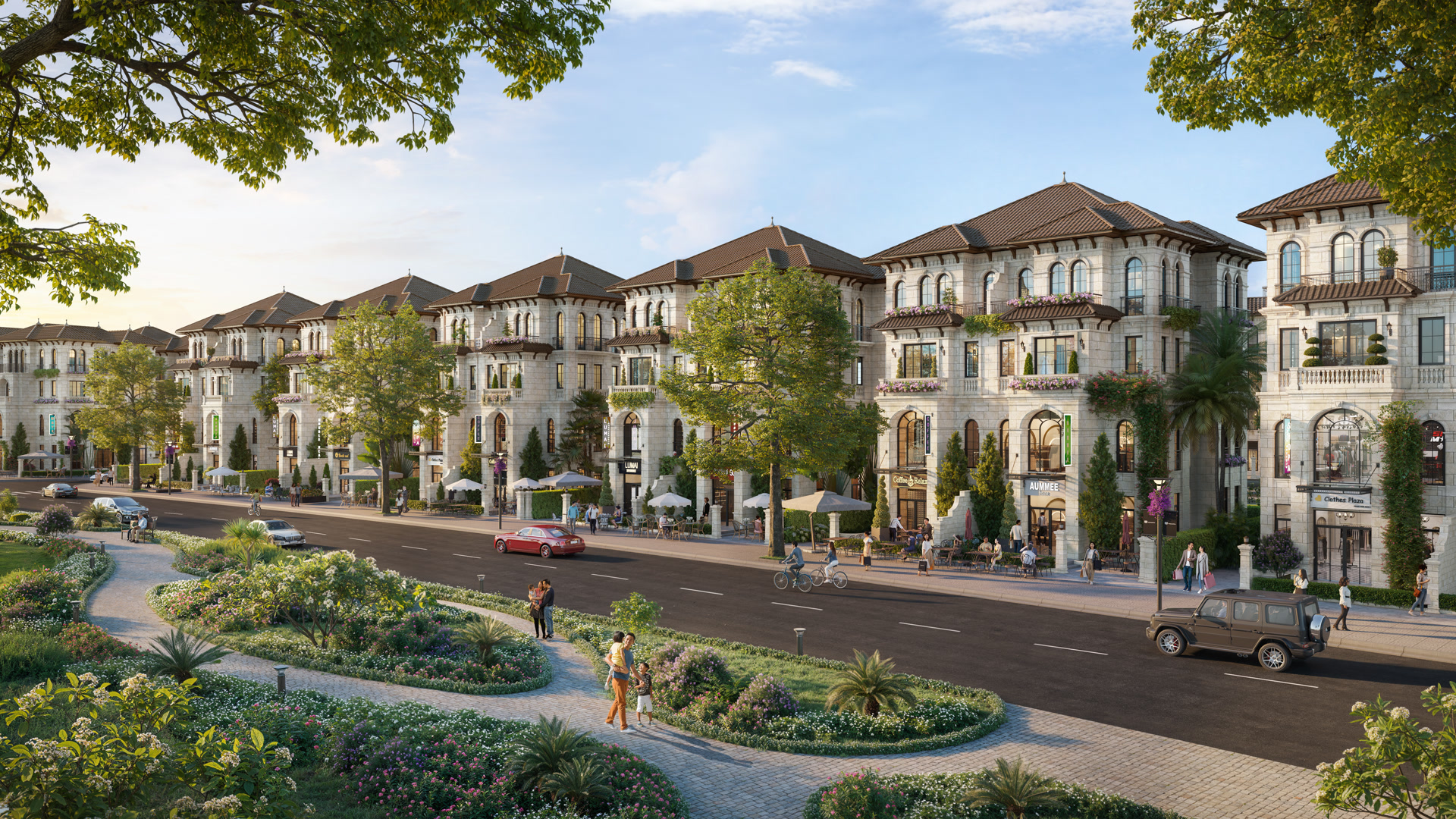 Ảnh phối cảnh dãy biệt thự song lập Alluvia City sau khi hoàn thiện, nhìn dọc trục đường nội khu với cây xanh và vỉa hè lát đá