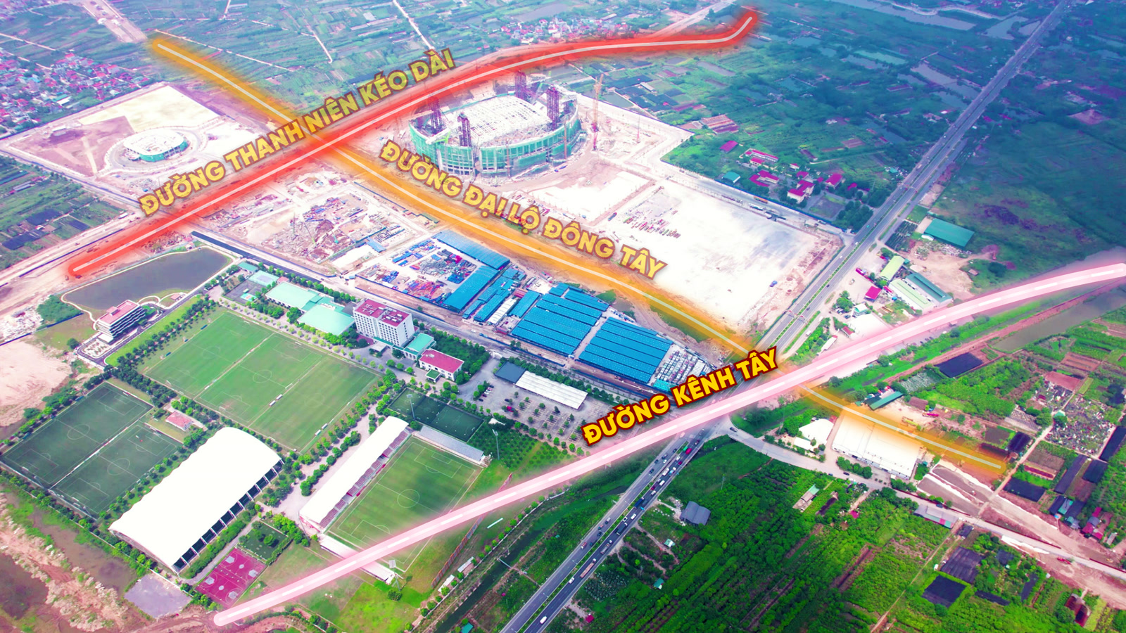 Vị trí đại lộ Đông Tây, đường Thanh Niên kéo dài và đường kênh Tây quanh sân vận động PVF, vẽ trên ảnh flycam