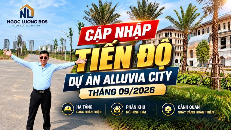 Ảnh bìa bài viết tiến độ Alluvia City tháng 9/2026, Lê Ngọc Lương đứng trước dãy biệt thự đang hoàn thiện trong dự án