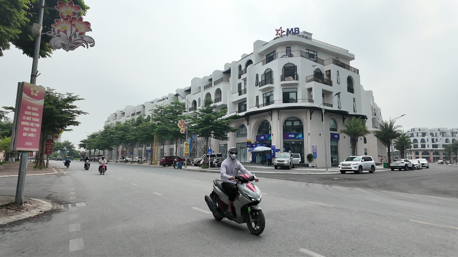 Đường Chử Đồng Tử trong dự án Vaquarius Văn Giang với hai dãy shophouse màu trắng và hàng cọ dọc vỉa hè