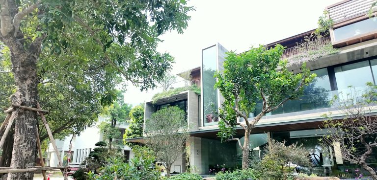 Mặt tiền căn biệt thự đầu hồi đảo Ecopark nhìn từ sân vườn, khối bê tông mộc xen giữa cây xanh và ban công kính