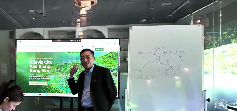 Landing page bất động sản dự án Alluvia City tại Văn Giang, Hưng Yên chiếu trên màn hình lớn trong buổi chia sẻ với anh em sale