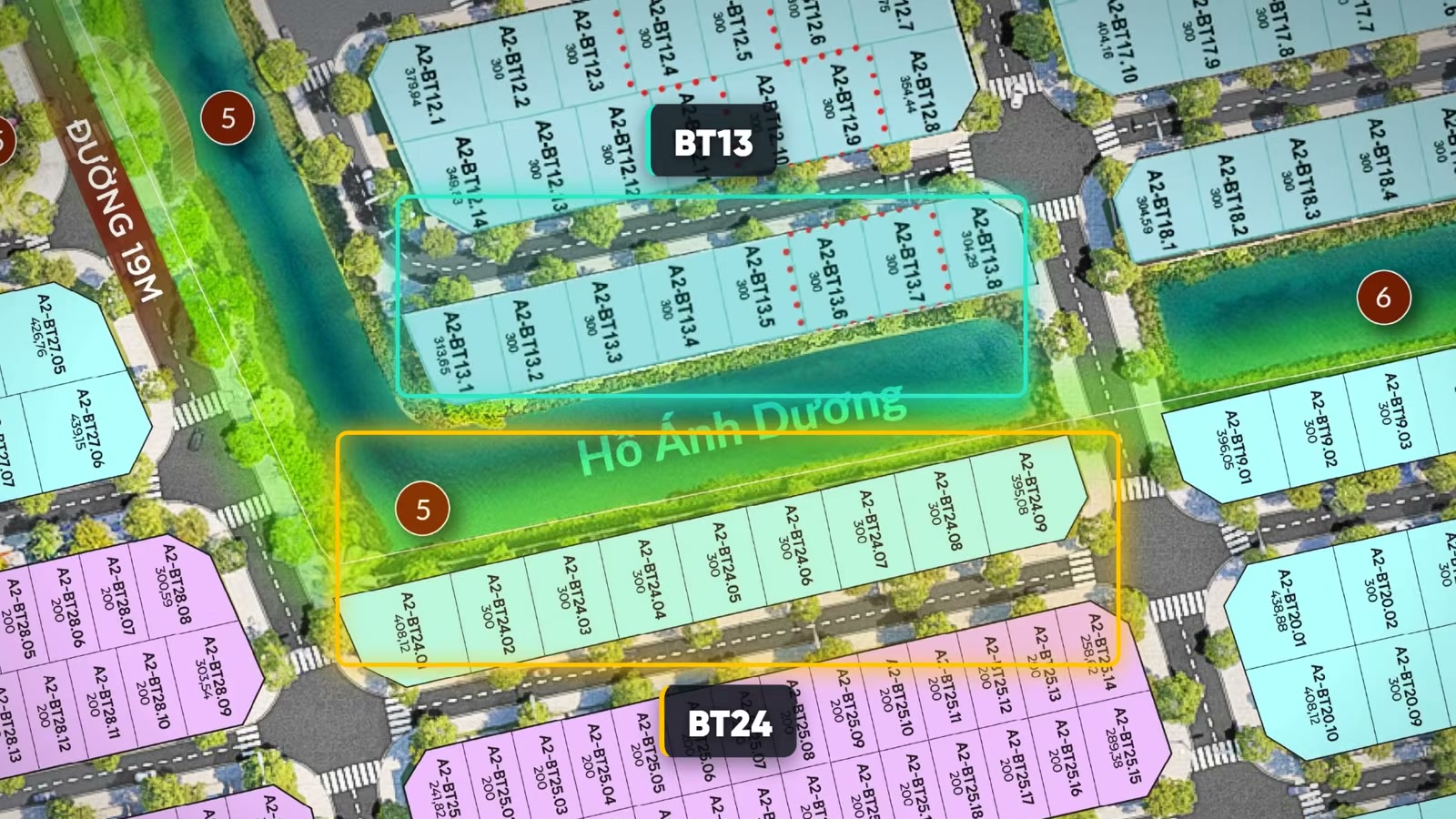 Mặt bằng phân lô Alluvia City, dãy BT13 được khoanh màu xanh ở phía trên và dãy BT24 khoanh màu vàng ở phía dưới, ở giữa là hồ Ánh Dương