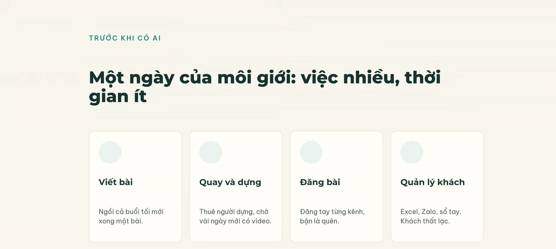 Slide trong buổi chia sẻ liệt kê bốn đầu việc một ngày của môi giới gồm viết bài, quay và dựng, đăng bài, quản lý khách, dưới tiêu đề việc nhiều thời gian ít